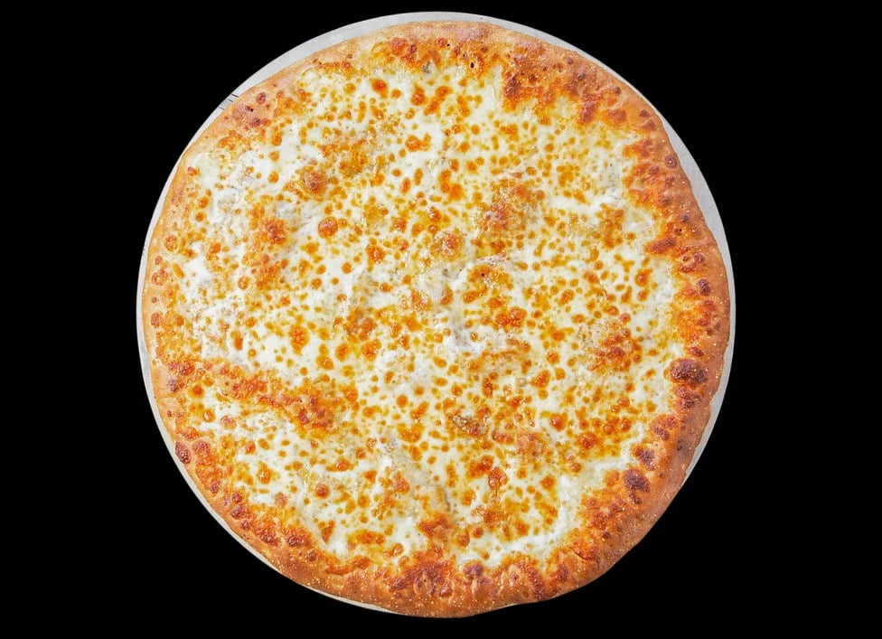 A delicious pizza with golden cheese crust on top.
